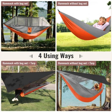 Hamac Avec Moustiquaire Et Bâche, 300 Kg Capacité De Charge, 260x140cm Hamac, 300×300 Cm Camping Bâche, Pour LRandonnée, Activités Extérieures (Orange/Noir) – Image 5