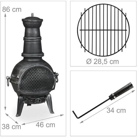 Relaxdays Braséro Extérieur, Four Mexicain Avec Tisonnier, Fonte De Fer, Pare-étincelles, Jardin, 86x46x38 Cm, Argenté – Image 4
