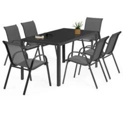 Salon De Jardin MADRID Table 150 CM Et 6 Chaises Empilables Gris Anthracite
