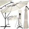 Tillvex Parasol Déporté LED Solaire (Beige) En Aluminium 300 Cm - Avec Manivelle - Avec Interrupteur Marche/arrêt - Protection UV - Parasol à Manivelle Avec Pied - Imperméable