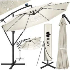 Tillvex Parasol Déporté LED Solaire (Beige) En Aluminium 300 Cm - Avec Manivelle - Avec Interrupteur Marche/arrêt - Protection UV - Parasol à Manivelle Avec Pied - Imperméable