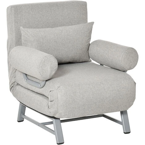HOMCOM Fauteuil Chauffeuse Canapé-lit Convertible Inclinable 1 Place Grand Confort Coussin Lombaires Accoudoirs Piètement Métal Lin Gris Clair