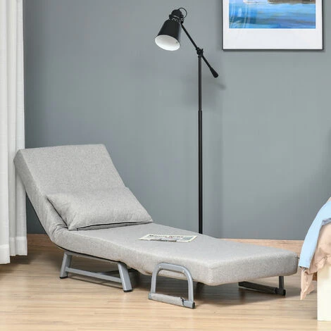 HOMCOM Fauteuil Chauffeuse Canapé-lit Convertible Inclinable 1 Place Grand Confort Coussin Lombaires Accoudoirs Piètement Métal Lin Gris Clair – Image 4