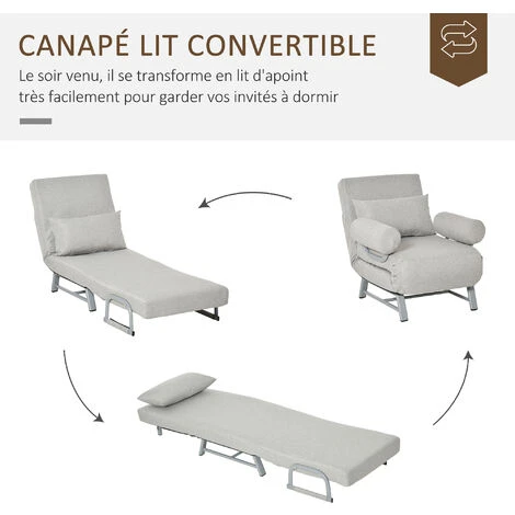 HOMCOM Fauteuil Chauffeuse Canapé-lit Convertible Inclinable 1 Place Grand Confort Coussin Lombaires Accoudoirs Piètement Métal Lin Gris Clair – Image 5