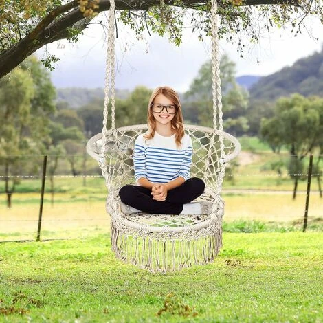 GOPLUS Chaise Suspendue Boheme Tissee Avec Frange,Chaise Hamac Avec Dossier Large Et Accoudoirs Integres, Chaise Pivotante Avec Installation Rapide Avec Anneaux,Jusqu’a 160KG,beige