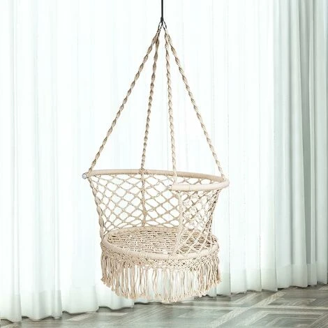 GOPLUS Chaise Suspendue Boheme Tissee Avec Frange,Chaise Hamac Avec Dossier Large Et Accoudoirs Integres, Chaise Pivotante Avec Installation Rapide Avec Anneaux,Jusqu’a 160KG,beige – Image 2