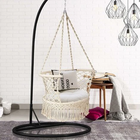 GOPLUS Chaise Suspendue Boheme Tissee Avec Frange,Chaise Hamac Avec Dossier Large Et Accoudoirs Integres, Chaise Pivotante Avec Installation Rapide Avec Anneaux,Jusqu’a 160KG,beige – Image 3