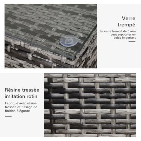 OUTSUNNY Table Basse De Jardin Plateau Verre Trempé 5 Mm Rotin Tressé 85 X 50 X 39 Cm Max. 70 Kg Gris – Image 5