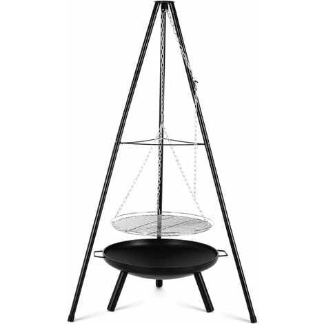 Brasero Exterieur , Gril Pivotant Barbecue Avec Brasero, 152cm Trépied Télescopique Et 200 Cm Chaîne Réglable En Hauteur, Ø60cm Brasero Extérieur, Ø52cm Grill