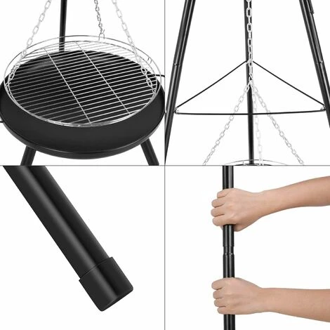 Brasero Exterieur , Gril Pivotant Barbecue Avec Brasero, 152cm Trépied Télescopique Et 200 Cm Chaîne Réglable En Hauteur, Ø60cm Brasero Extérieur, Ø52cm Grill – Image 3