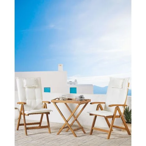 Lot De 2 Chaises Pliantes En Bois D'Acacia Clair Avec Coussins Blanc Cassé Java – Image 2