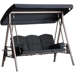 OUTSUNNY Balancelle De Jardin 3 Places Grand Confort Toit Inclinaison Réglable Coussins Plateaux Rétractables Polyester Filé Noir