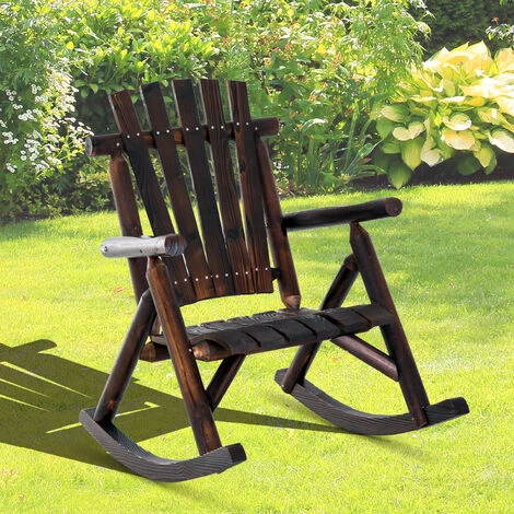 OUTSUNNY Fauteuil De Jardin Adirondack à Bascule Rocking Chair Style Rustique Chic Bois Sapin Traité Carbonisation – Image 2