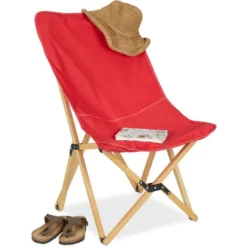 Relaxdays Chaise Longue Bois, Butterfly Chair, HLP 93x52x72 Cm, Intérieur Et Extérieur, Transat Camping Avec Sac, Rouge