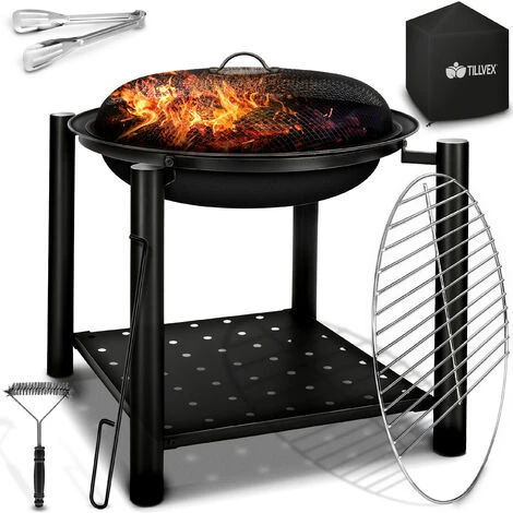 Tillvex Brasero Exterieur BBQ 3 En 1 Avec Pare-Ètincelles - Ø 55 Cm Foyer Poêle Pour Jardin, Terrasse Chauffage Avec Grille à Charbon + Couvercle Cheminée Feu Pour Barbecue Avec Tissonier