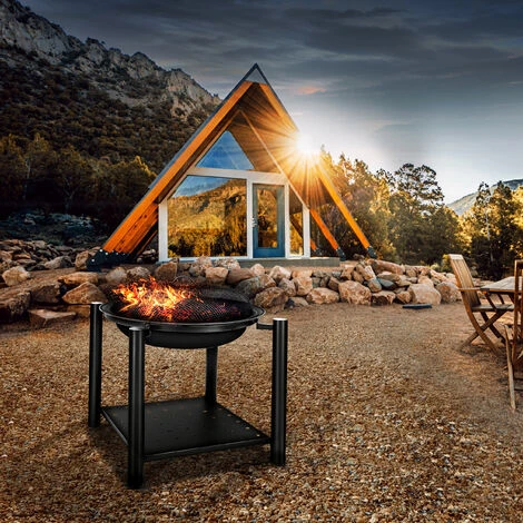 Tillvex Brasero Exterieur BBQ 3 En 1 Avec Pare-Ètincelles - Ø 55 Cm Foyer Poêle Pour Jardin, Terrasse Chauffage Avec Grille à Charbon + Couvercle Cheminée Feu Pour Barbecue Avec Tissonier – Image 2