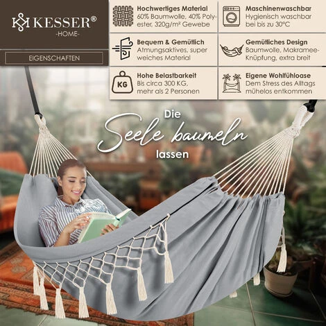 KESSER® Hamac D’une Charge Maximale De 300 kg, 320 x 150 cm. Capacité De Charge De 300 kg , 1 à 2 personnes, Respirant, Avec Franges, Résistant Aux Intempéries, Idéal Pour Camping Ou Jardin, Hamac En – Image 2