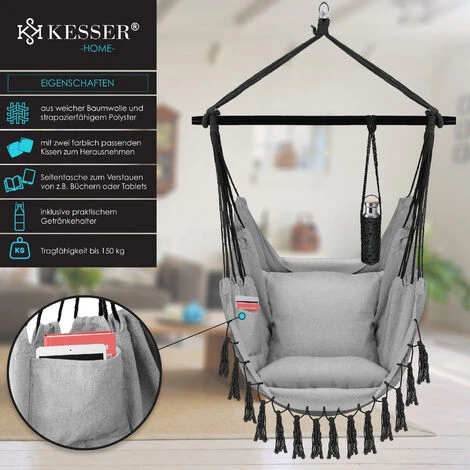 KESSER® Fauteuil Suspendu Avec 2 coussins, Porte-gobelet Et Rangement Pour Livres Fauteuil Suspendu Safari XXL Pour Adultes Et Enfants Hamac D’une Charge Maximum De 150 kg Siège Suspendu Avec Suppo – Image 2