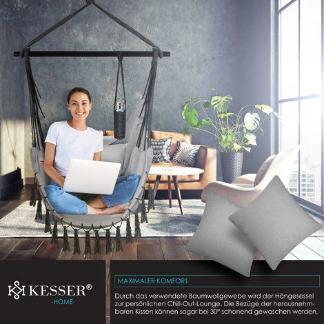 KESSER® Fauteuil Suspendu Avec 2 coussins, Porte-gobelet Et Rangement Pour Livres Fauteuil Suspendu Safari XXL Pour Adultes Et Enfants Hamac D’une Charge Maximum De 150 kg Siège Suspendu Avec Suppo – Image 4