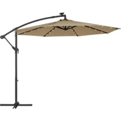 Songmics Parasol De Jardin Extérieur Déporté Avec LED à Énergie Solaire, Ombrelle Ø 3 M, Avec Base, Protection Solaire, Avec Manivelle, UPF 50+, Terrasse, Piscine, Taupe GPU118K01