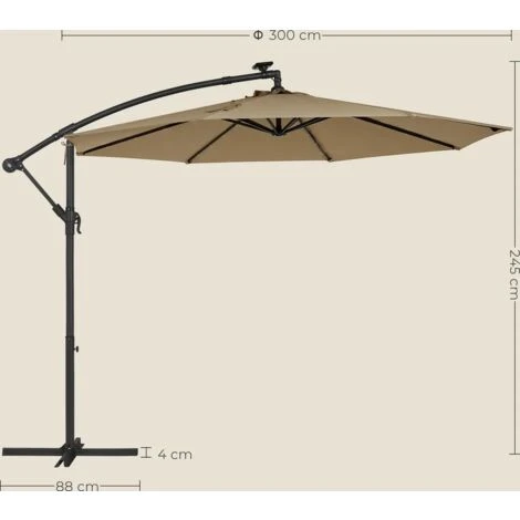 Songmics Parasol De Jardin Extérieur Déporté Avec LED à Énergie Solaire, Ombrelle Ø 3 M, Avec Base, Protection Solaire, Avec Manivelle, UPF 50+, Terrasse, Piscine, Taupe GPU118K01 – Image 5
