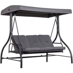 OUTSUNNY Balancelle De Jardin 3 Places Convertible Inclinaison Toit Réglable Matelas Grand Confort Rembourrage 8 Cm Fourni Gris Métal époxy Noir
