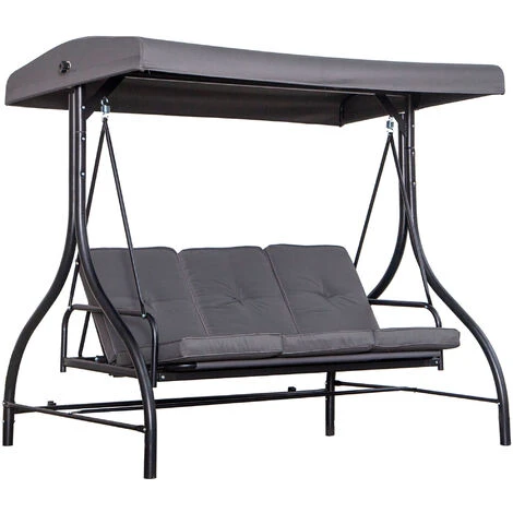 OUTSUNNY Balancelle De Jardin 3 Places Convertible Inclinaison Toit Réglable Matelas Grand Confort Rembourrage 8 Cm Fourni Gris Métal époxy Noir
