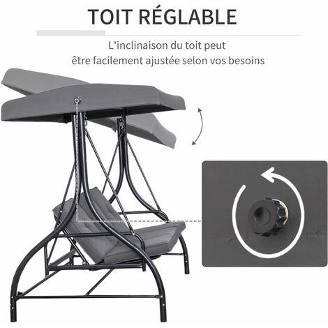 OUTSUNNY Balancelle De Jardin 3 Places Convertible Inclinaison Toit Réglable Matelas Grand Confort Rembourrage 8 Cm Fourni Gris Métal époxy Noir – Image 4