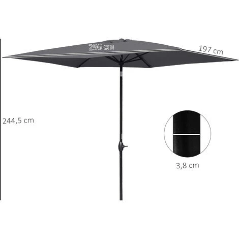 OUTSUNNY Parasol Rectangulaire Inclinable De Jardin Avec Manivelle Dim. 3L X 2l X 2,48H Cm Alu. Métal Polyester Haute Densité Anti UV 50+ Gris – Image 3