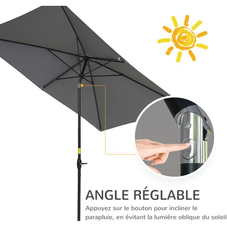 OUTSUNNY Parasol Rectangulaire Inclinable De Jardin Avec Manivelle Dim. 3L X 2l X 2,48H Cm Alu. Métal Polyester Haute Densité Anti UV 50+ Gris – Image 4