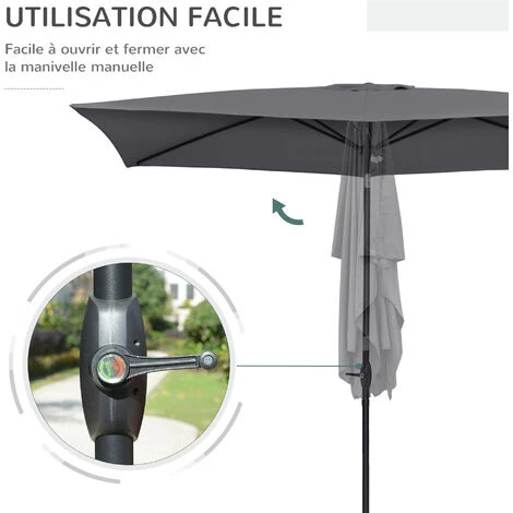 OUTSUNNY Parasol Rectangulaire Inclinable De Jardin Avec Manivelle Dim. 3L X 2l X 2,48H Cm Alu. Métal Polyester Haute Densité Anti UV 50+ Gris – Image 5