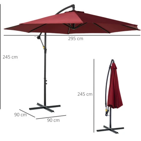 OUTSUNNY Parasol Déporté Octogonal Inclinable Manivelle Pied Acier Ø 3 X 2,5H M Bordeaux – Image 3