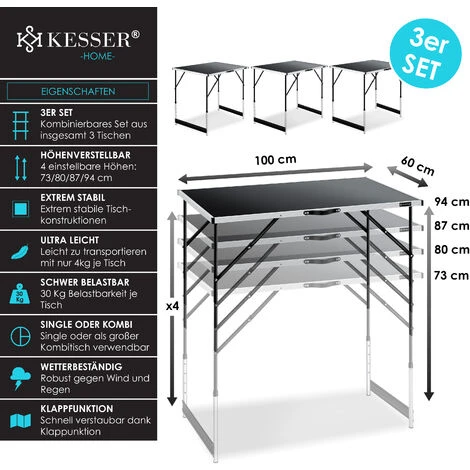 KESSER® Table Multifonctions Professionnelle 3 Pièces, 100 X 60 Cm, Table à Tapisser 30 Kg De Charge Par Table Avec Fonction De Rallonge Table Pliante Table De Brocante Table D’appoint Table Polyvalen – Image 2