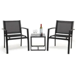 Salon De Jardin 2 Places 3 Pièces - 2 Chaises Et 1 Table Basse Plateau Verre Trempé Pour Jardin, Terrasse, Noir - IntimaTe WM Heart