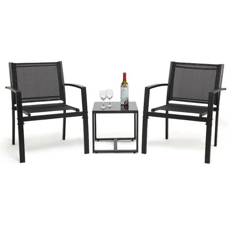 Salon De Jardin 2 Places 3 Pièces - 2 Chaises Et 1 Table Basse Plateau Verre Trempé Pour Jardin, Terrasse, Noir - IntimaTe WM Heart