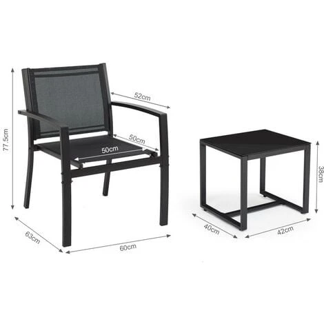 Salon De Jardin 2 Places 3 Pièces - 2 Chaises Et 1 Table Basse Plateau Verre Trempé Pour Jardin, Terrasse, Noir - IntimaTe WM Heart – Image 2
