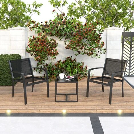 Salon De Jardin 2 Places 3 Pièces - 2 Chaises Et 1 Table Basse Plateau Verre Trempé Pour Jardin, Terrasse, Noir - IntimaTe WM Heart – Image 5