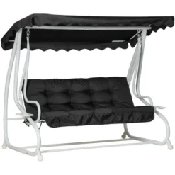 OUTSUNNY Balancelle De Jardin Convertible 2 Places Grand Confort Toit Inclinaison Réglable Coussins Inclus Plateaux Porte-gobelets Acier Polyester Noir