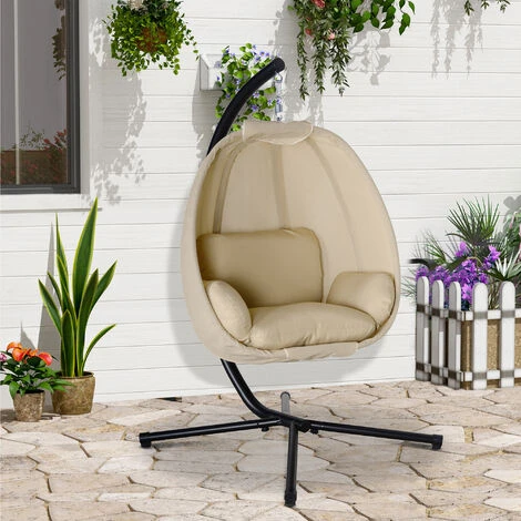 OUTSUNNY Fauteuil Suspendu De Jardin - Fauteuil Oeuf Suspendu Pliable - Coussin Et Support Inclus - Métal époxy Noir Textilène Beige – Image 2
