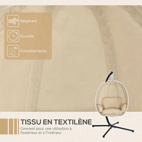 OUTSUNNY Fauteuil Suspendu De Jardin - Fauteuil Oeuf Suspendu Pliable - Coussin Et Support Inclus - Métal époxy Noir Textilène Beige – Image 4