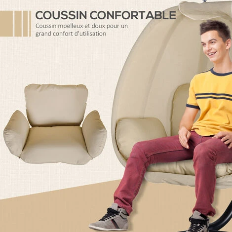 OUTSUNNY Fauteuil Suspendu De Jardin - Fauteuil Oeuf Suspendu Pliable - Coussin Et Support Inclus - Métal époxy Noir Textilène Beige – Image 5