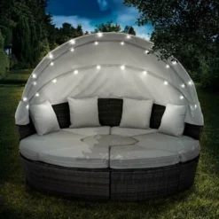 Canapé De Jardin Rond En Noir 8 Places 210cm LED+housse En Rotin Tressé, Auvent Pliable Modulable Table Réglable En Hauteur – Salon De Jardin Rond Noir/gris Clair De BRAST