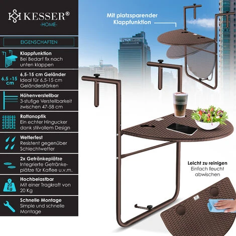 KESSER® Table De Balcon Suspendue Pliable Table De Balcon à Suspendre Table De Balcon Suspendue Réglable En Hauteur Sur 3 Niveaux Table Pliante Balustrade De Balcon Résistante Aux Intempéries Avec 2 E – Image 2