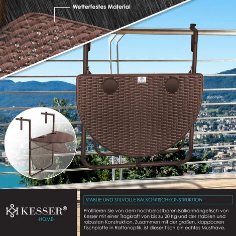 KESSER® Table De Balcon Suspendue Pliable Table De Balcon à Suspendre Table De Balcon Suspendue Réglable En Hauteur Sur 3 Niveaux Table Pliante Balustrade De Balcon Résistante Aux Intempéries Avec 2 E – Image 3