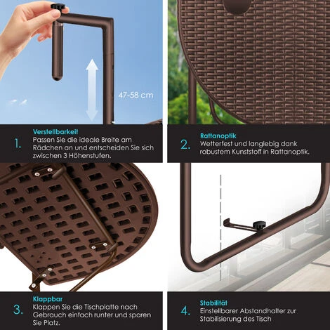 KESSER® Table De Balcon Suspendue Pliable Table De Balcon à Suspendre Table De Balcon Suspendue Réglable En Hauteur Sur 3 Niveaux Table Pliante Balustrade De Balcon Résistante Aux Intempéries Avec 2 E – Image 4