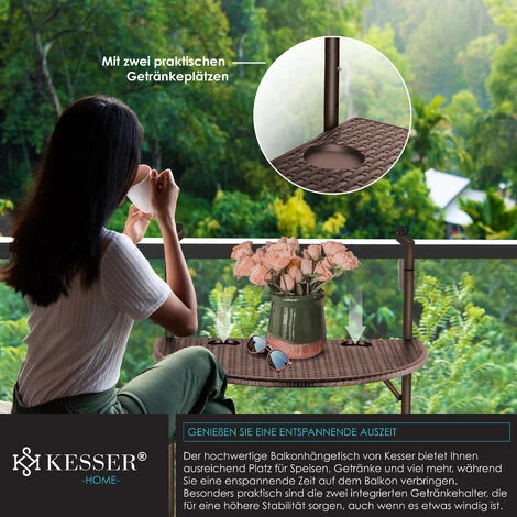 KESSER® Table De Balcon Suspendue Pliable Table De Balcon à Suspendre Table De Balcon Suspendue Réglable En Hauteur Sur 3 Niveaux Table Pliante Balustrade De Balcon Résistante Aux Intempéries Avec 2 E – Image 5