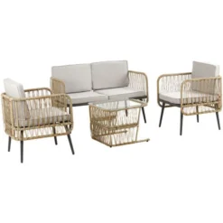 OUTSUNNY Salon De Jardin 4 Places 4 Pièces Style Colonial Table Basse Coussins Beige Inclus Résine Tressée Aspect Rotin