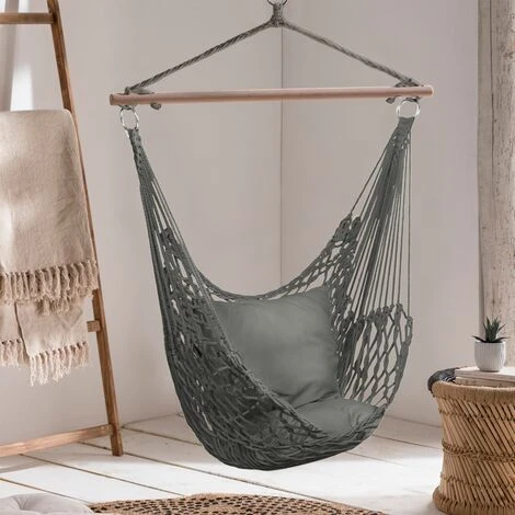 Fauteuil Suspendu Bohème 2 Coussins Gris Design Macramé – Image 5