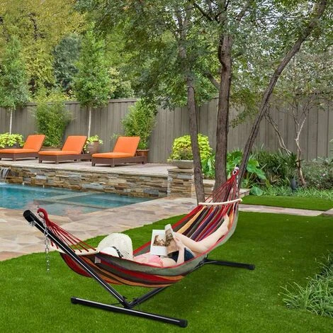 DREAMADE Support De Hamac En Fer Robuste Avec 2 Chaînes De Suspension, Pour Jardin, Balcon, Patio, Camping, 325X100X106CM, Charge Maximale 150KG, Noir – Image 4