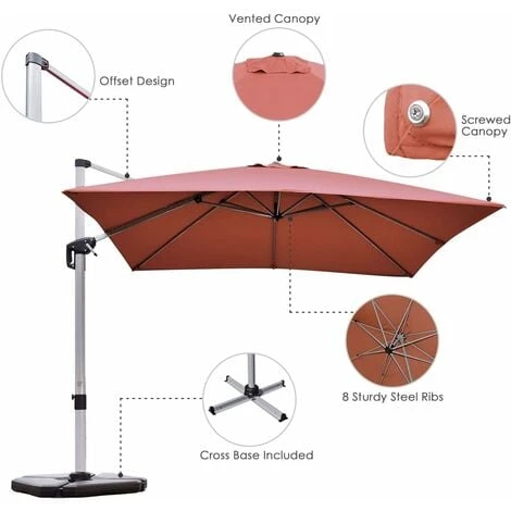 COSTWAY Parasol Déporté Carré 3M Avec Base En Croix Poteau En Aluminium Rotatif à 360° Manivelle Inclinable 8 Baleines Orange – Image 2